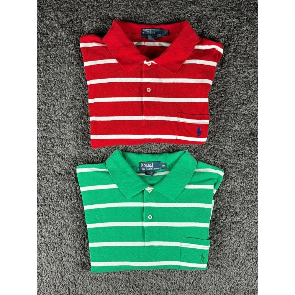 Lot of 2 Polo Ralph Lauren Mens 2XB Big Striped Pocket Polo Shirts Red Green